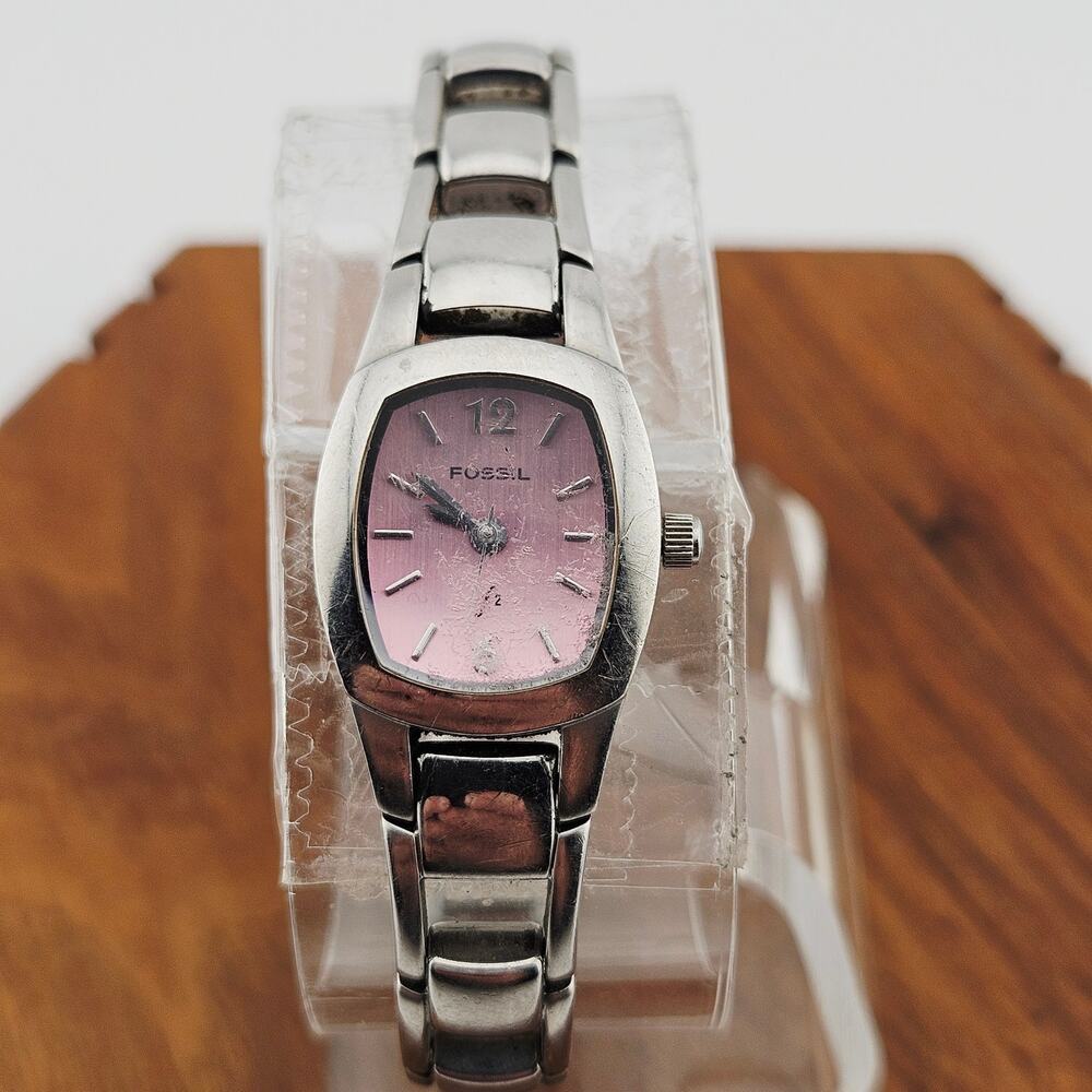 Fossil Women's Pink Dial Silver Tone Link Watch Preppy Y2K Barbiecore ES-9858